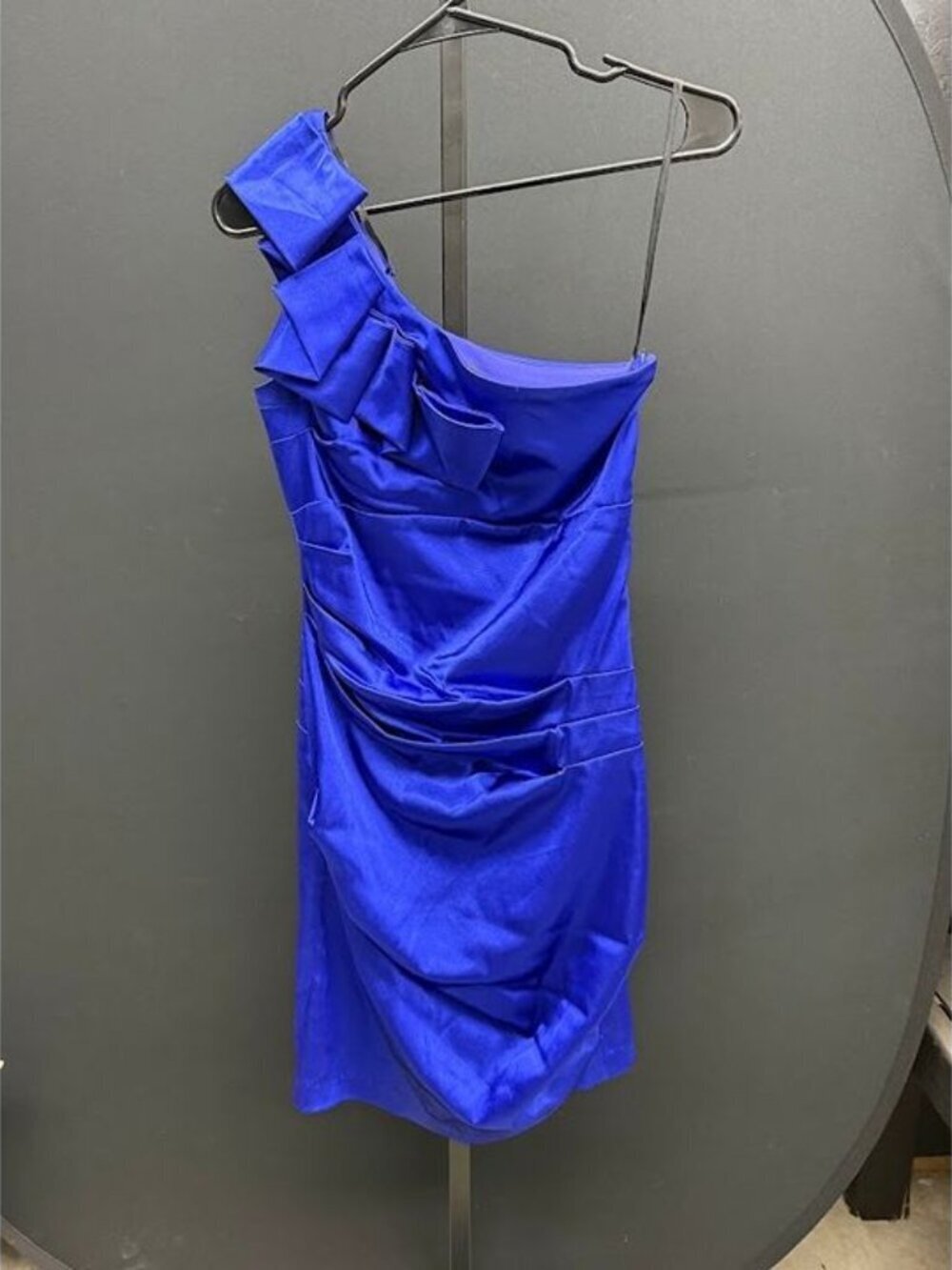 B. Smart Royal Blue Satin Ruched One Shoulder Mini Dress